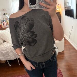 Gray Off-Shoulder Top with Floral Design